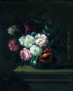Nature Morte Au Vase De Fleurs Sur Un Entablement De Pierre