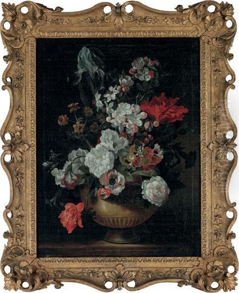 Tulips, Roses, Carnations, An Iris And Other Flowers In An Urn On A Stone Ledge - view 1