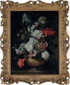 Tulips, Roses, Carnations, An Iris And Other Flowers In An Urn On A Stone Ledge