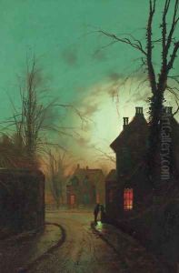 Figures on the corner of a moonlit street; and Figures on a moonlit lane by Wilfred Jenkins