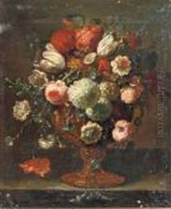 Roses, Tulips, Violets, 
Hydrangeas And Other Flowers In An Earthenware Vase On A Stone Ledge