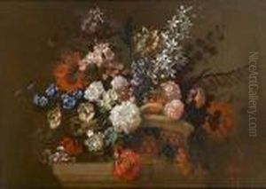 Chrysanthemums, Anemones, Roses,
 Poppies, Primroses And Other Flowers In A Basket On A Carved Stone 
Ledge