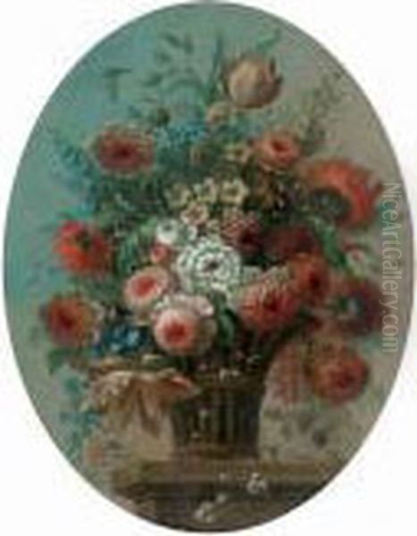 Roses, Tulips, Morning Glory, Narcissi And Other Flowers In A Basket On A Ledge - view 1