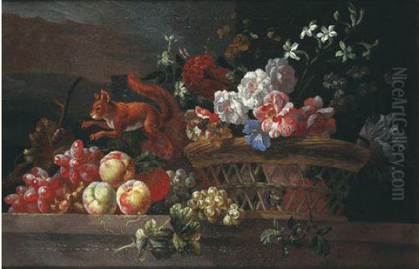 Nature Morte Au Panier De Fruits Et Fleurs Sur Un Entablement - view 1