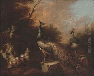 Peacocks And Chickens In A Landscape