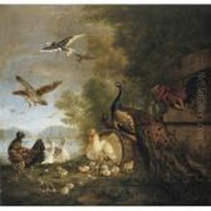 A Company Of Birds In A Parkland Setting, Including A Peacock, Hens And Their Chicks