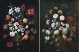 Carnations, Pink Roses, Irises 
And Other Flowers In A Sculpted Vase On A Ledge; And Poppies