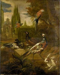 Still Life With Pheasants, 
Doves, A Parrot, A Kingfisher And A Rabbit In A Parkland Landscape