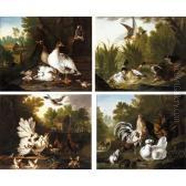 Three Spaniels Startling A Group
Of Ducks In A Pond; A Wooded Landscape With Geese And Their Goslings
Together With A Pair Of Pigeons, A Thatched Barn Beyond; A Wooded Garden
With Cockerels And A Pigeon At The Edge Of A Pond; Chickens And Their - view 1