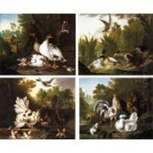 Three Spaniels Startling A Group
Of Ducks In A Pond; A Wooded Landscape With Geese And Their Goslings
Together With A Pair Of Pigeons, A Thatched Barn Beyond; A Wooded Garden
With Cockerels And A Pigeon At The Edge Of A Pond; Chickens And Their by Pieter Casteels