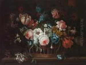 Roses, Carnations, Peonies,
Tulips, Morning Glory And Other Flowers In A Basket On A Ledge by Pieter Casteels