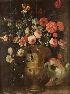 Tulips, Roses, Chrysanthemums, 
Morning Glory And Other Flowers In An Urn With A Cockatiel Tugging On A 
Flower