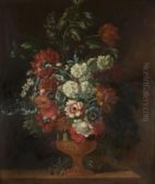 Tulips, Poppies, Delphiniums, 
Lilac And Other Flowers In A Gilt Mounted Ormolu Vase On A Wooden Ledge - view 1