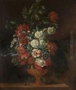 Tulips, Poppies, Delphiniums, 
Lilac And Other Flowers In A Gilt Mounted Ormolu Vase On A Wooden Ledge
