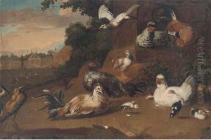 Birds In A Wooded Clearing, A Country House Beyond
