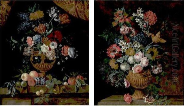 Still Life Of Various Flowers In
An Ornate Vase Resting On A Ledge; Still Life Of Various Flowers In An
Ornate Vase Resting On A Ledge Strewn With Fruit - view 1