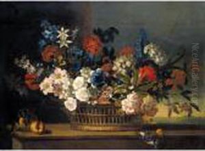 Still Life Of Flowers In A Basket Upon A Ledge by Pieter Casteels