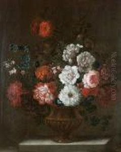 Chrysanthemums, Roses, A Peony And Other Flowers In A Bronze Urn On A Stone Ledge by Pieter Casteels