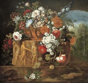 Roses, Peonies, Daisies And Other Flowers In A Sculpted Vaseresting On An Antique Frieze by Pieter Casteels