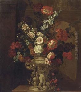 Mixed Flowers In A Sculpted Urn With Putti On A Ledge, In Aninterior