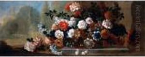 A Still Life Of Carnations,
Roses And Other Flowers Loosely Arranged In A Basin, A Park Beyond by Pieter Casteels
