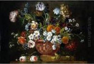 Still Life Of Roses, Variegated
Tulips, Convolvuli, Peonies And Other Flowers In An Elaborate Terracotta
Bowl, Resting On A Stone Socle by Pieter Casteels