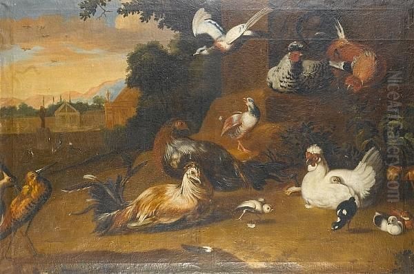 Chickens, Chicks And Snipe In A Landscape, A View To A County House Beyond - view 1