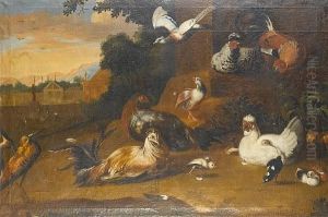 Chickens, Chicks And Snipe In A Landscape, A View To A County House Beyond