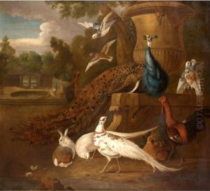 Peacocks, White Pheasants,
Doves, A Hen, A Cockerel, A Rabbit Together In A Parkland Landscape by Pieter Casteels