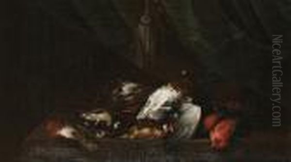 Still Life Of Songbirds On A Table Before A Curtain - view 1