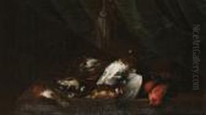 Still Life Of Songbirds On A Table Before A Curtain