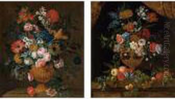 Still Life Of Various Flowers In
An Ornate Vase Resting On A Ledge; Still Life Of Various Flowers In An
Ornate Vase Resting On A Ledge Strewn With Fruit - view 1