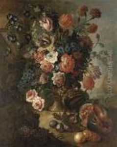 Tulips, Carnations, Peonies And 
Other Flowers In An Urn, Withplums, Peaches And A Watermelon In A 
Landscape
