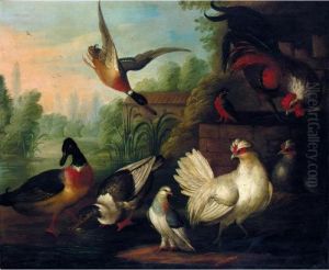 A Still Life With Chickens, Ducks, A Kingfisher And A Pigeon In A River Landscape
