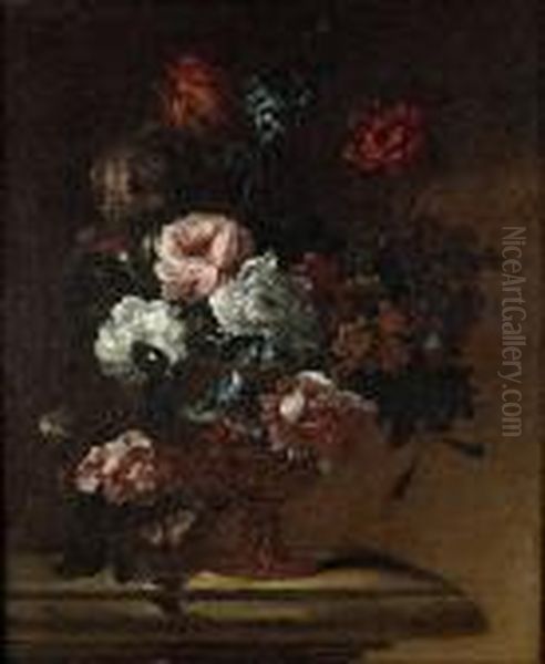 Narcissi, Delphiniums, Tulips,
Morning Glory And Other Flowers In An Urn Upon A Stone Ledge - view 1