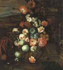 A Sunflower, Tulip, Narcissi,
Peonies, Carnations And Other Flowers In An Urn, A Landscape Beyond A Sunflower, Tulip, Narcissi,
Peonies, Carnations And Other Flowers In An Urn, A Landscape Beyond