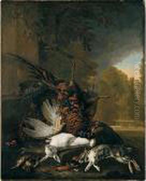 Still Life Of Pheasants, Rabbits, A Finch, Kingfisher And Sparrows(?) In A Landscape - view 1