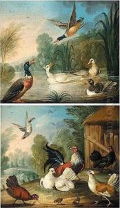 Pigeon, Hens And Their Young In A Farmyard Pigeon, Hens And Their Young In A Farmyard
