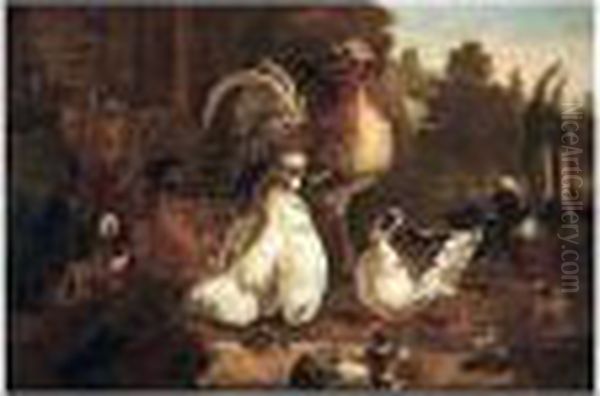 A Wooded Landscape With Bantams,
 Duck And Pigeon Watering A Pool In The Gounds Of A Villa - view 1