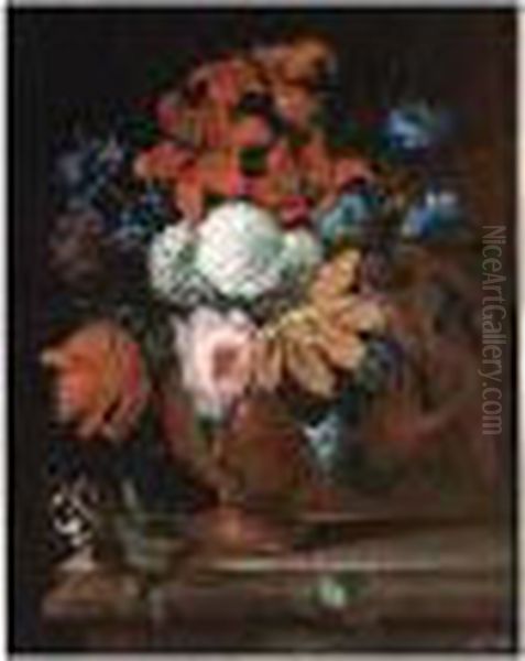 A Still Life With Roses, Tulips, Lilies And Other Flowers, All In A - view 1
