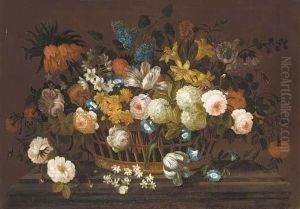 Lillies, Tulips, Roses,
Hydrangea, Lilac, Chrysanthemums, And Other Flowers In A Basket, On A
Marble Plinth Lillies, Tulips, Roses,
Hydrangea, Lilac, Chrysanthemums, And Other Flowers In A Basket, On A
Marble Plinth
