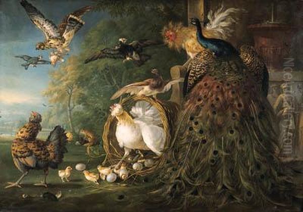 A Peacock, A Cockerel, A Hen
With Her Chicks, A Kestrel With Itsprey And Other Birds, By A Bas-relief
Sculpture, A Landscapebeyond
Signed And Dated 'pcasteels F/1729.' - view 1