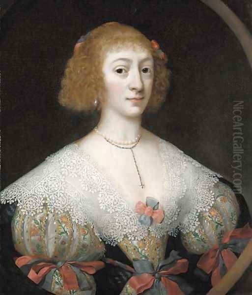 Portrait of a lady, half-length, in an embroidered dress with an ornate lace collar, feigned oval - view 1