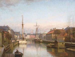 Vessels at a Danish port by Axel Johansen