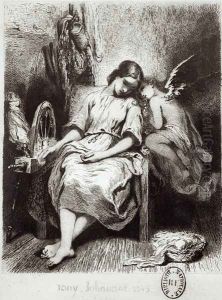 A Young Woman Dozing with an Angel by Tony Johannot