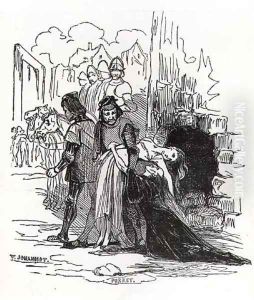 Soldiers dragging away a female prisoner by Tony Johannot