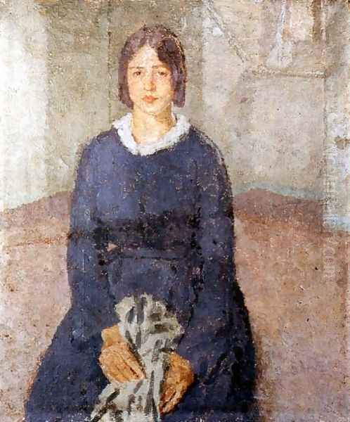 Girl in a blue dress holding a piece of sewing - view 1