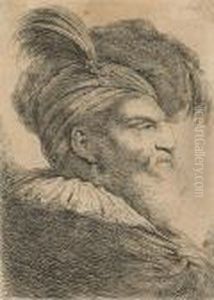 Bust Of A Bearded Man Wearing A Plumed Cap by Giovanni Benedetto Castiglione