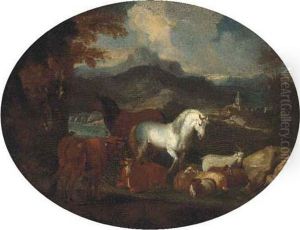 Horses, Cattle, Goats And Rams By A Lake In A Mountainlandscape Horses, Cattle, Goats And Rams By A Lake In A Mountainlandscape