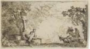 Satyr Beside A Statue Of Priapus by Giovanni Benedetto Castiglione